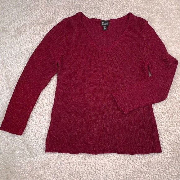 Eileen Fisher Italian Yarn Linen Blend V-Neck Sweater Cranberry Red - Picture 1 of 6